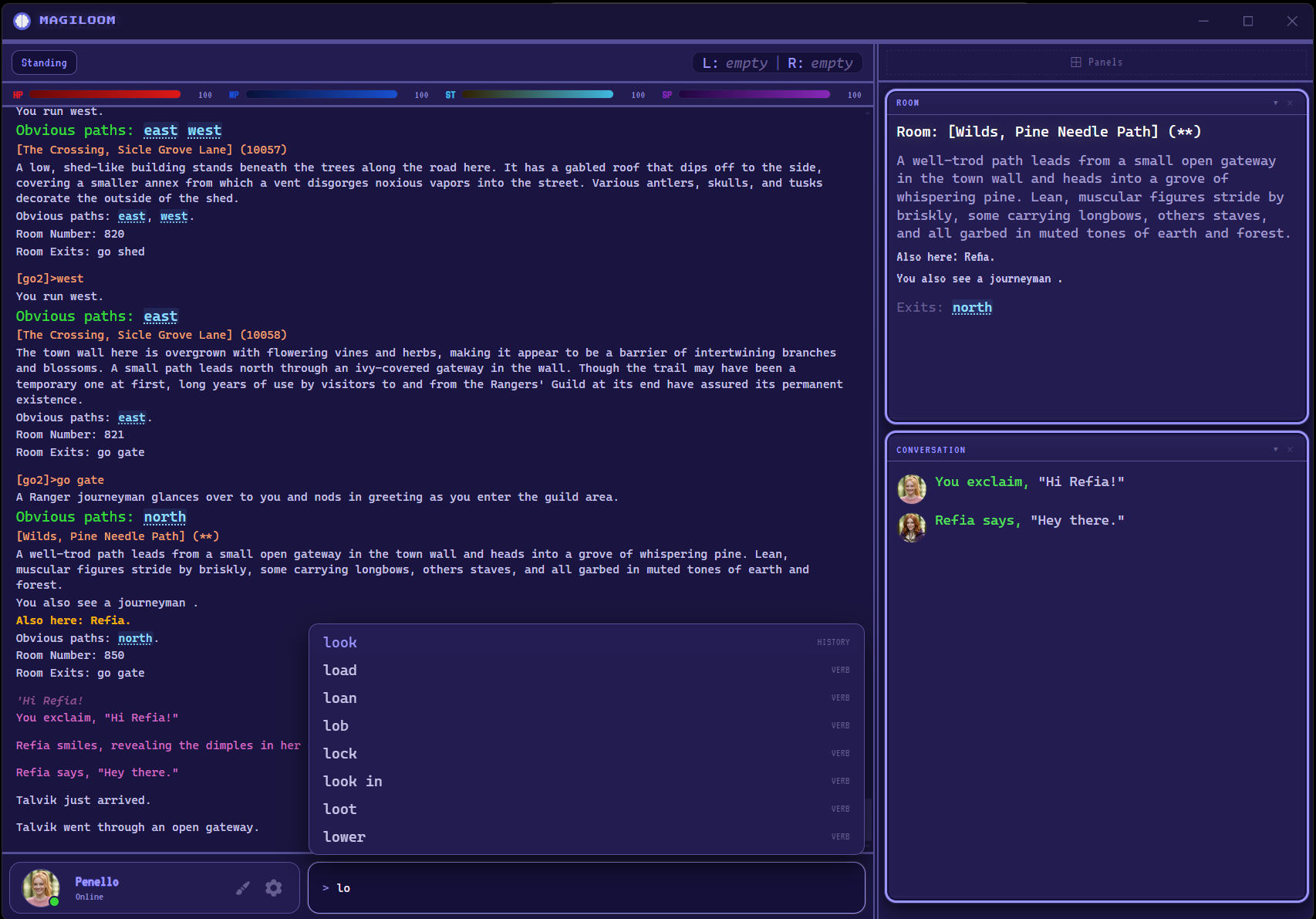 MAGILOOM game view — real-time output, vitals, room panel, and a conversation panel with player avatars